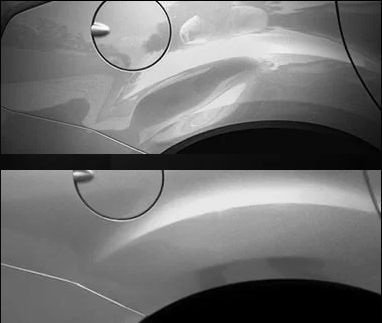 Auto dent repair showing the before and after picture of a car that got the dent.